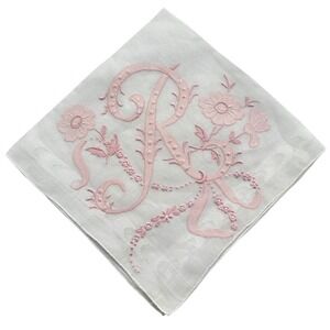 Vintage Linen‎ Handkerchief Pink Embroidered Floral Initial R Hanky New
